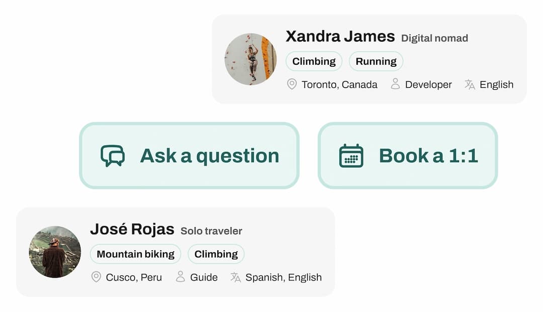 Profiles for Xandra James and José Rojas with options to ask a question or book a one-to-one consultation